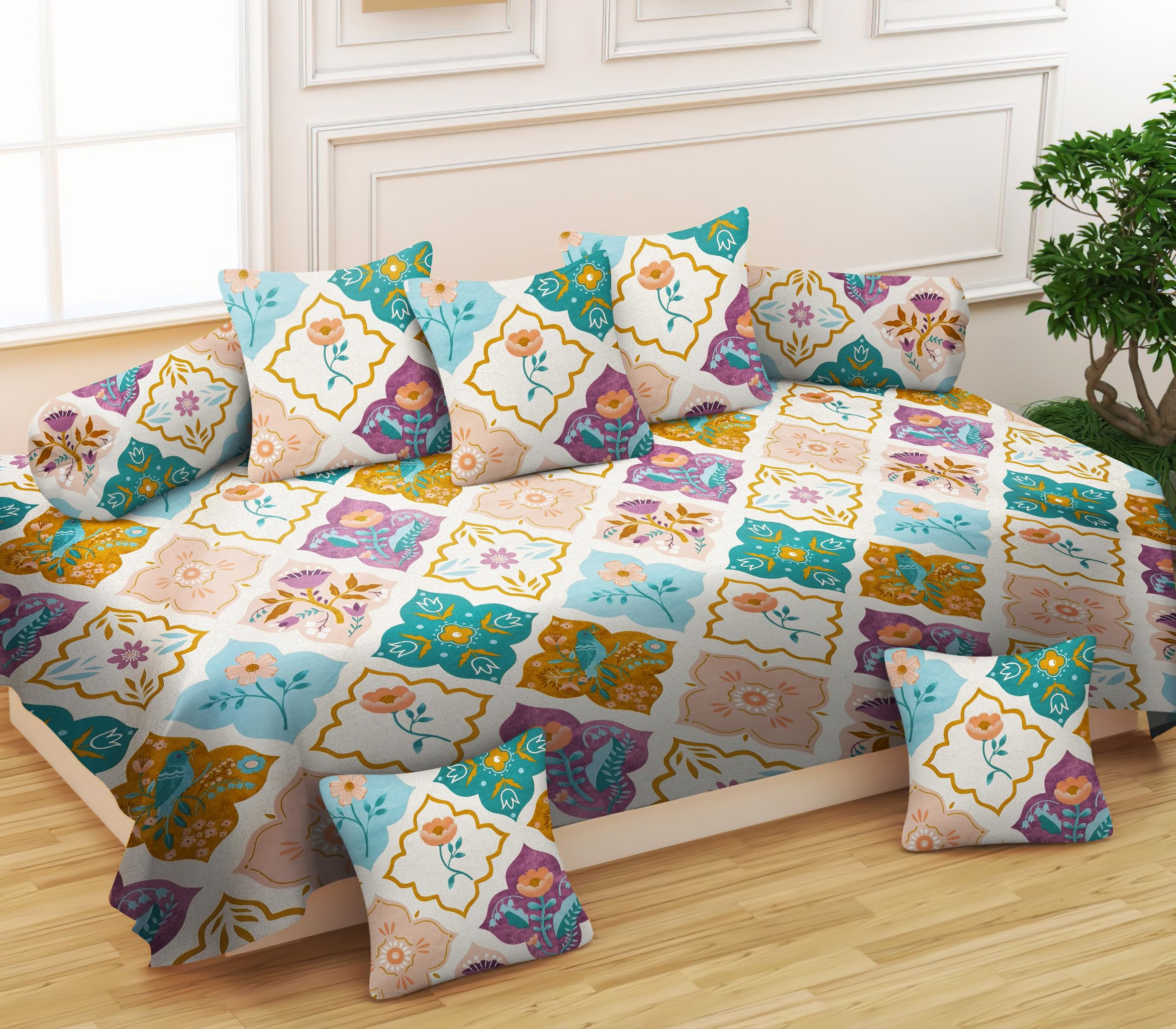 RUSTIC LINEN Diwan Set Cotton 8 Pc Deewan Printed Bedsheet Sets for Living Room Hall 1-Bed Sheet 60x90 Inch, 2-Bolster Cover 16x32 Inch, 5-Cushion Cover 16x16 Inch. (Pink)-picture-28