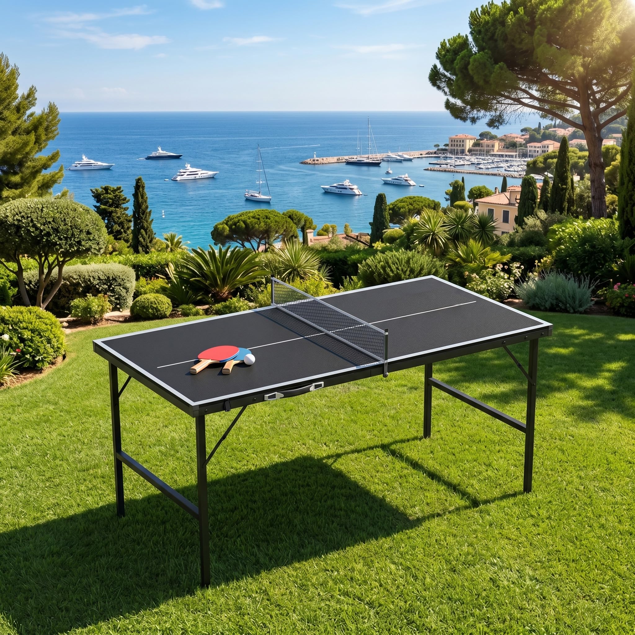 YRHome Mini Tischtennisplatte Klappbar 153x75x80cm, 14mm Laminierte MDF Tischtennistisch mit Verzinktem Stahlgestell, Tragbar Koffer-Design inkl. 2 Schläger 5 Bälle Netz Aufbewahrungstasche