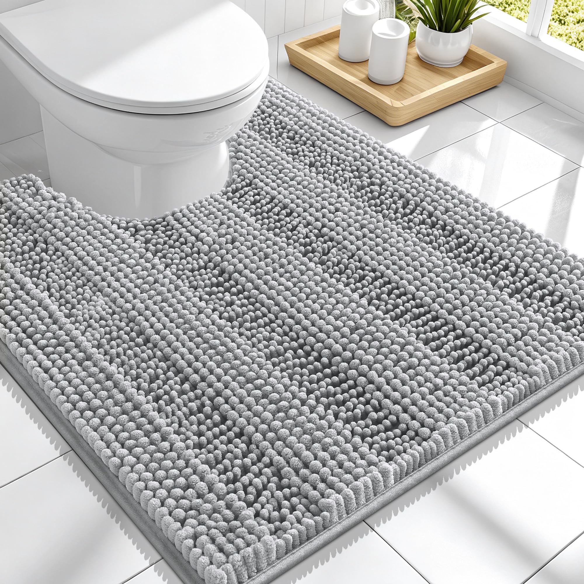 Smiry Thick Chenille Toilet Rugs U-Shaped 24x20, Soft Bath Mat, Light Grey