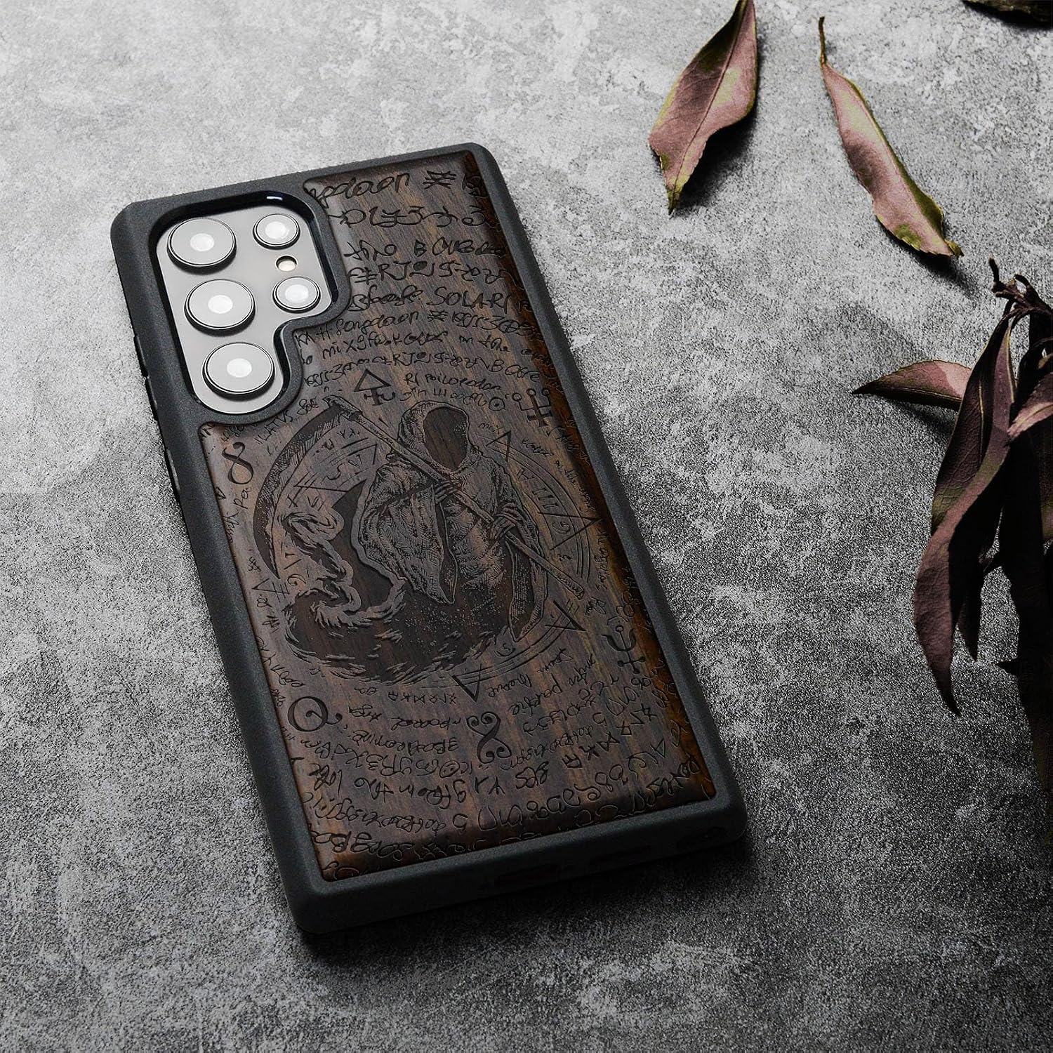Carveit Wood Case for Galaxy S24 Ultra Case [Natural Wood & Black Soft TPU] Shockproof Protective Cover Unique Wooden Design Compatible with Samsung S24 Ultra (The Grim Reaper of Carved-Blackwood)
