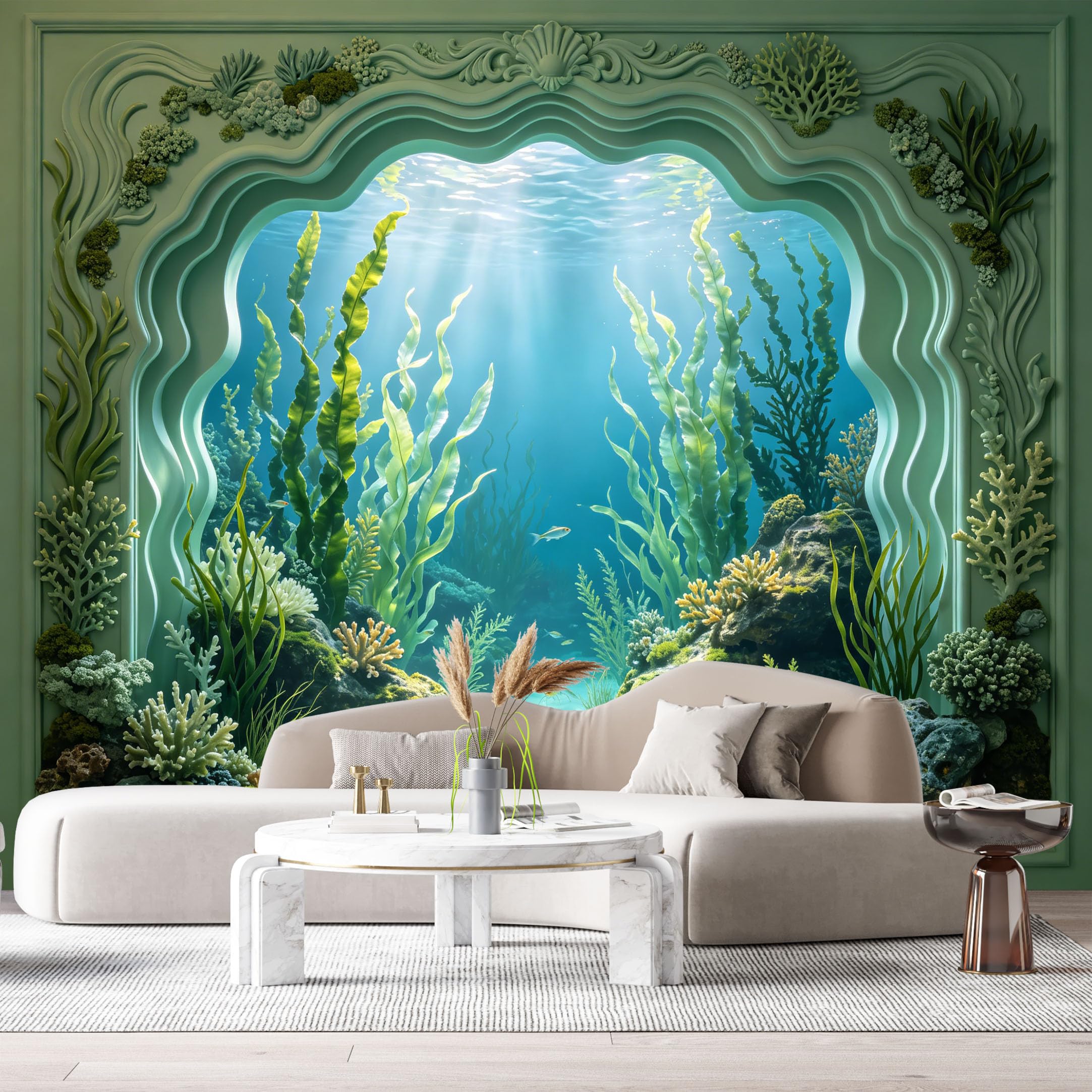 Custom Size Wall Murals Ocean Marine Underwater Seashells Coral 3D Trompe L'Oeil SelfAdhesiveWall Fabric Removable Wallpaper Wall Decor for Living Room Bedroom Bathroom