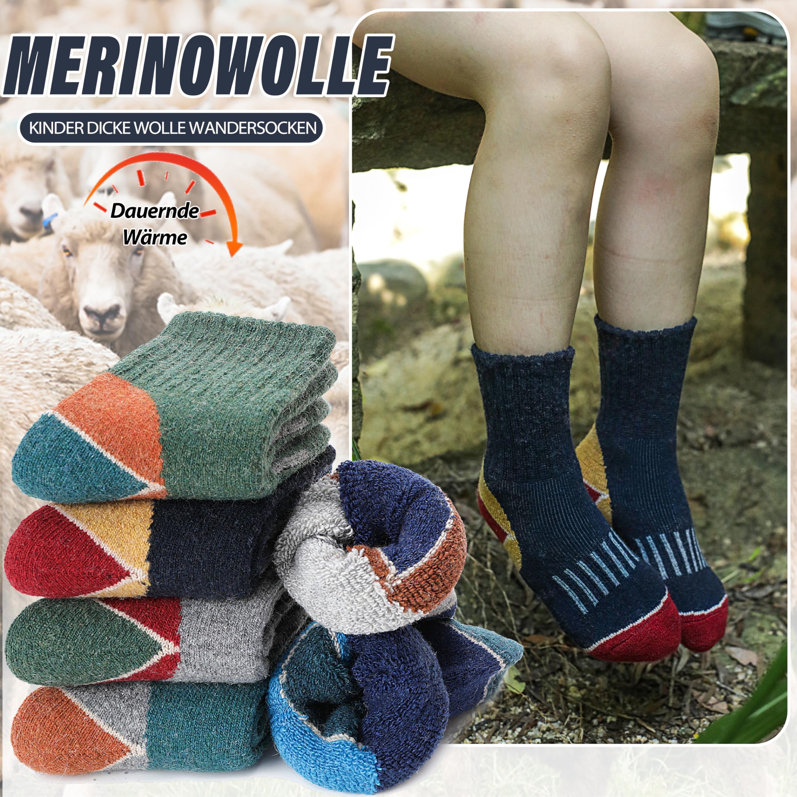EBMORE Kinder Jungen Mädchen Socken Merino Wandersocken Sportsocken Wollsocken Warme Thermosocken Wintersocken Dicke Weihnachtssocken Geschenke Kindersocken 6 Paar