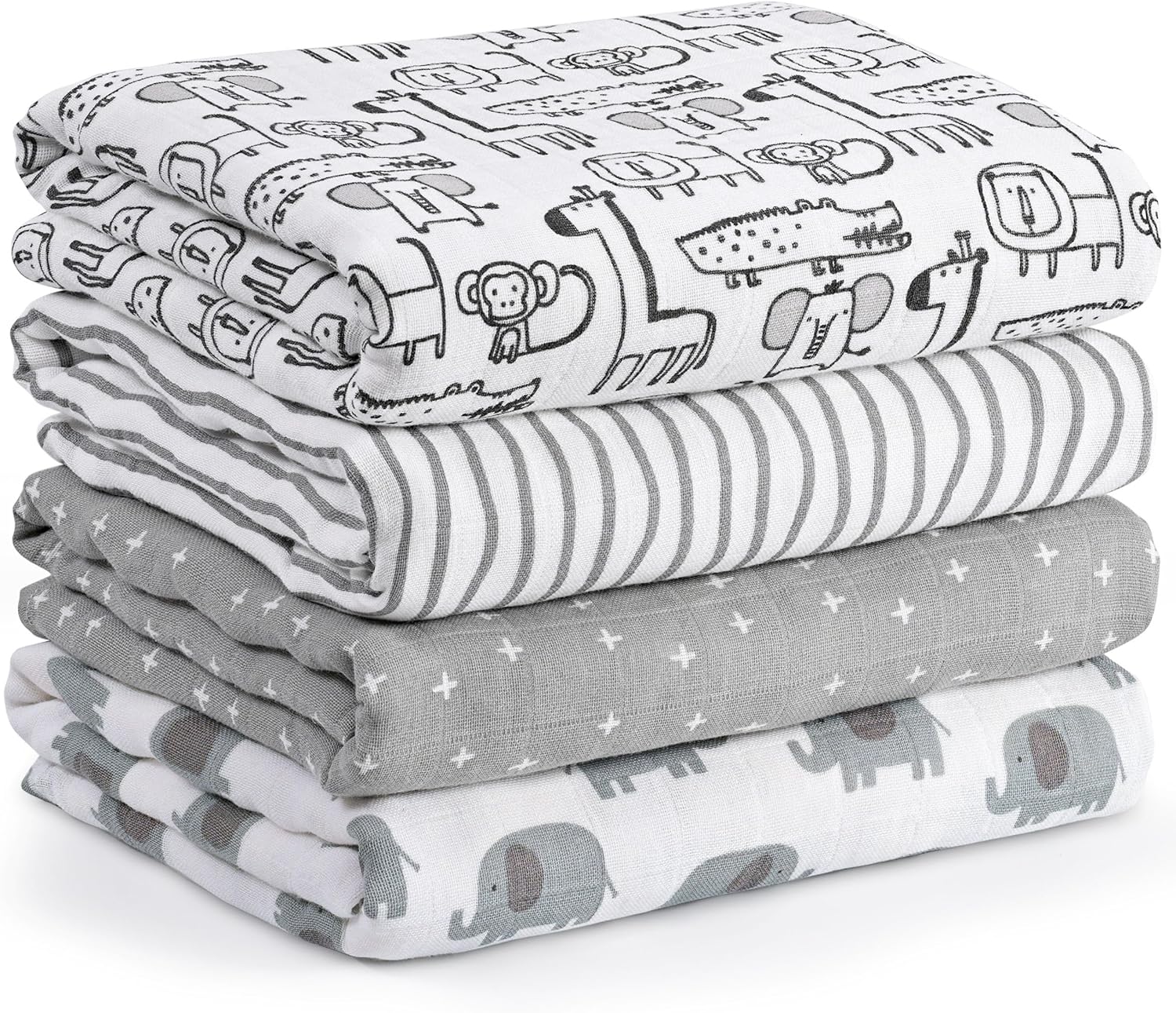 Muslin Swaddle Blankets for Newborn, 4 Pack Cotton Baby Blankets, Large 31.5 x 43.3 inch Breathable Soft Receiving Blanket, Essentials Swaddle Wrap Burping Clothes, Grey Animals