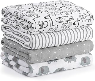 Muslin Swaddle Blankets for Newborn, Cotton Receiving Blanket | 4 Pack 100% Cotton Soft Breathable Baby Blanket, Essentials Swaddle Wrap Burp Cloths, Large 31.5 x 43.3 inch, Grey Animals