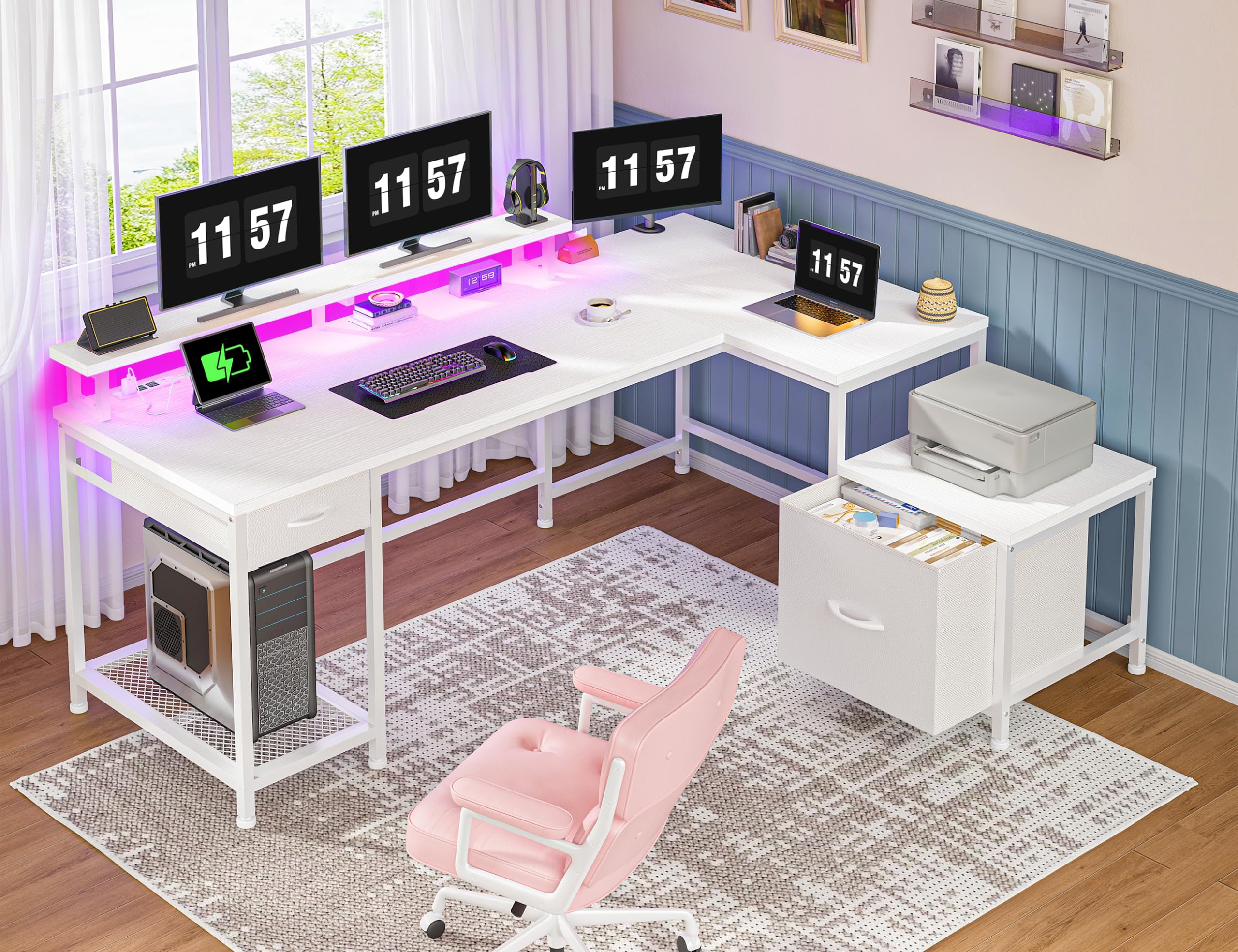 63'' Computer Desk with Drawers, Gaming Desk with LED Lights & Monitor Shelf, L Shaped White desks, Office Desks with Power Outlets, Corner Desks for