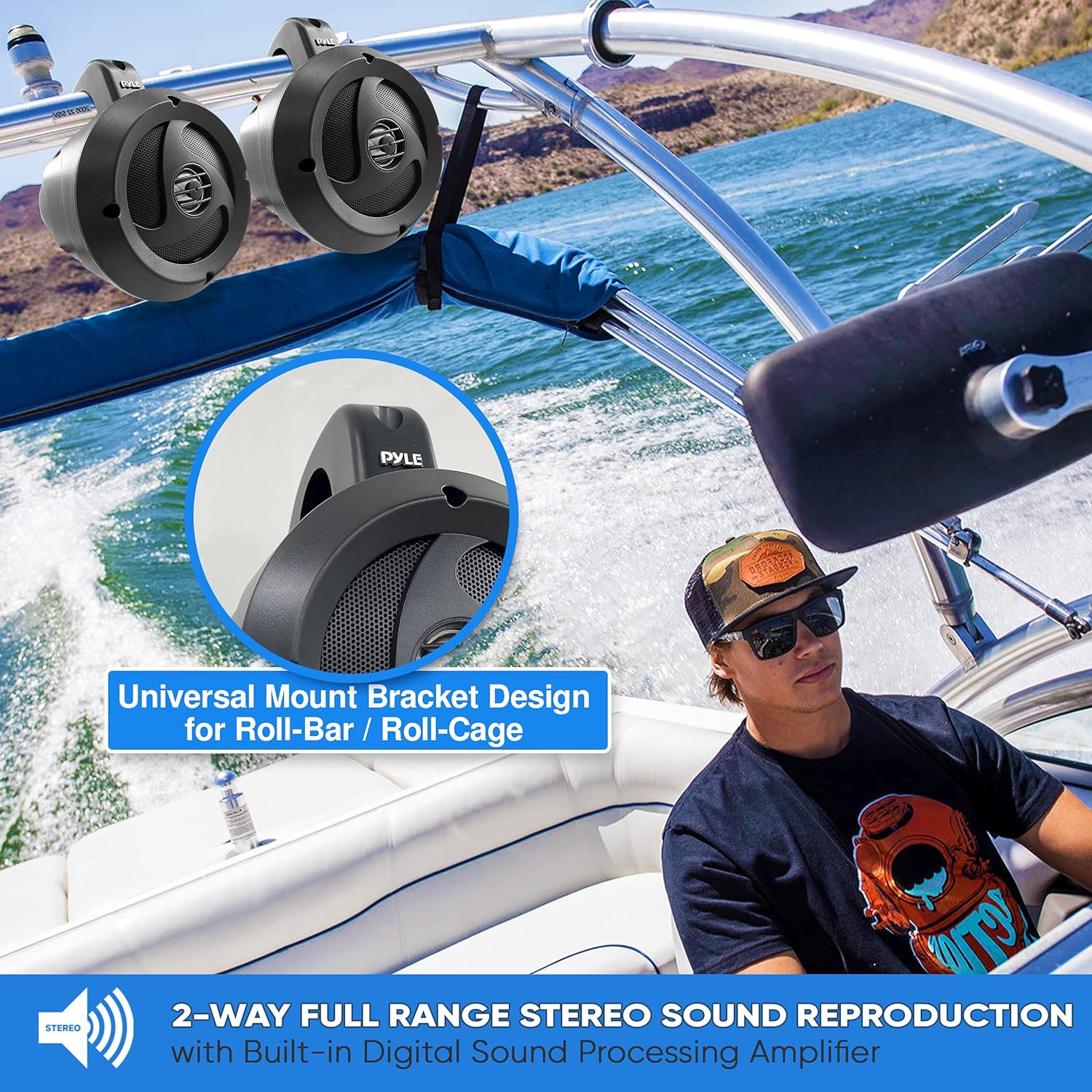 Pyle 2-Way Waterproof Bluetooth Off-Road Speakers - 4" 900W Active Passive Marine Grade Wakeboard Tower Speakers System w/AUX, Full Range Outdoor Stereo Speaker for ATV/UTV Jeep Boat