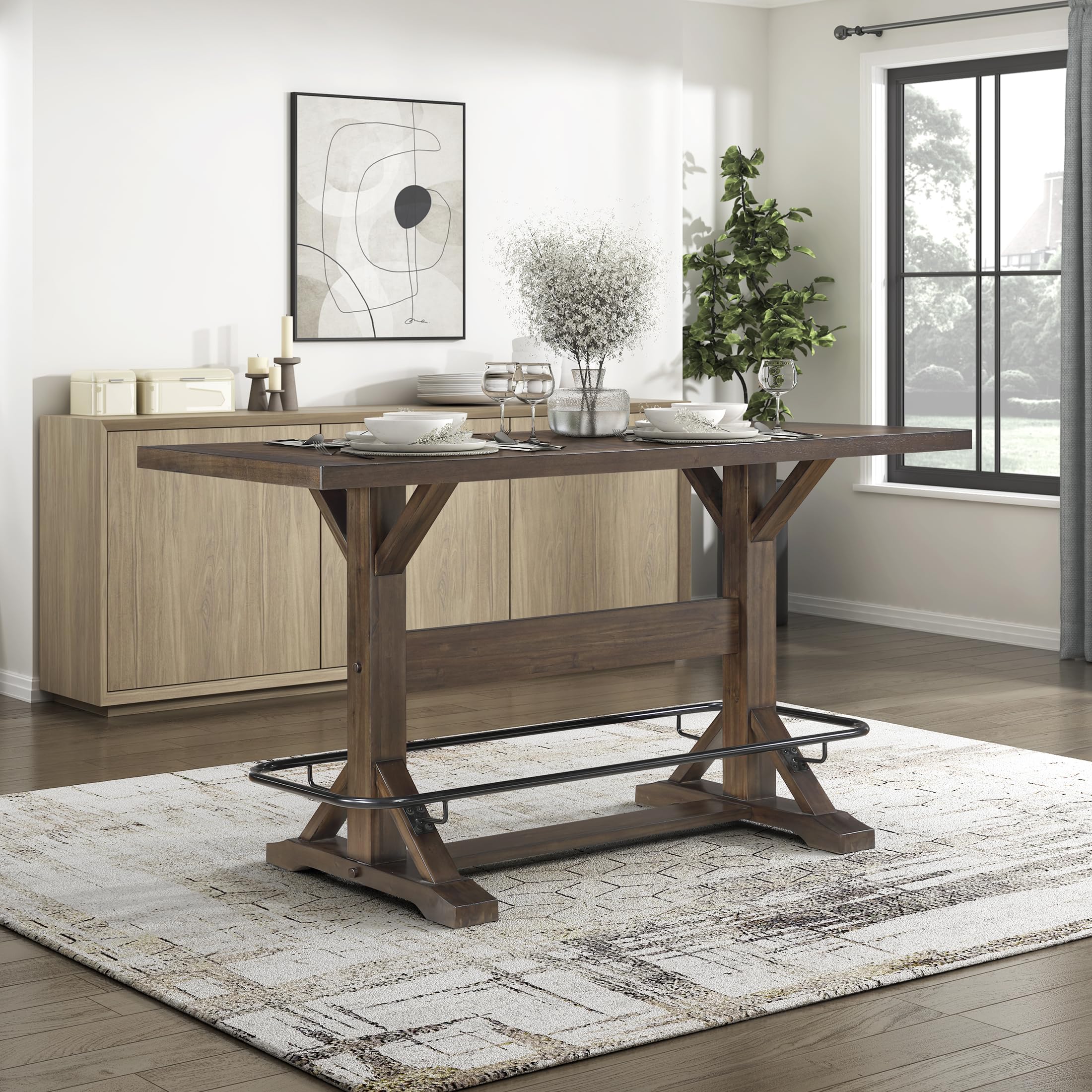 Lexicon 78 Inch Rectangular Bar Height Dining Table for 6, Rustic Farmhouse Kitchen Table, Rubberwood, Acacia Veneer, Black Metal Footrest, for Dining Room/Kitchen, Brown