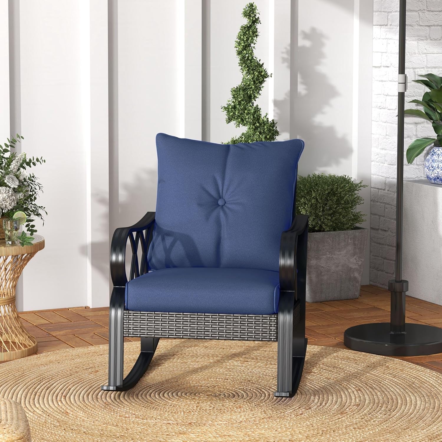 Outsunny 2 Piece Outdoor Wicker Rocking Chairs with Padded Cushions, Aluminum Furniture Rattan Porch Rocker Chairs w/Armrest for Garden, Patio, and Backyard, Blue