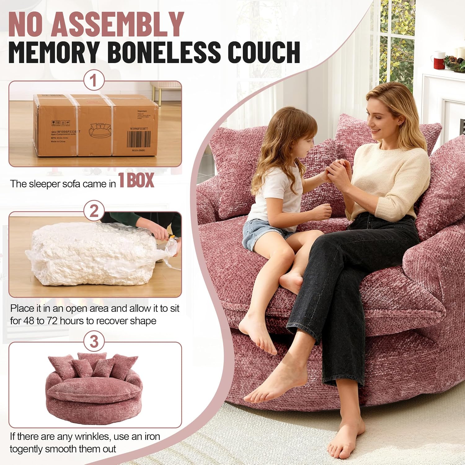 54.3” Round Chaise Lounge Chair Indoor, Modern Upholstered Boneless Couch with 5 Throw Pillows and Deep Seat, Circle Cloud Sofa for Living Room, No Assembly Required, Pink