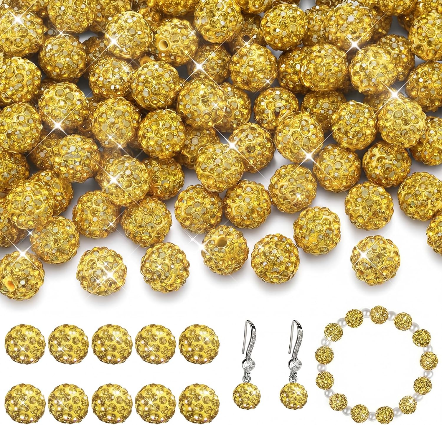 Hicarer 120 Pcs Rhinestone Beads for Bracelets Pen Making 10mm Shiny Crystal Diamond Clay Disco Ball Polymer Round Bead Bulk for Crafting Jewelry DIY Bracelet Necklace(Yellow)