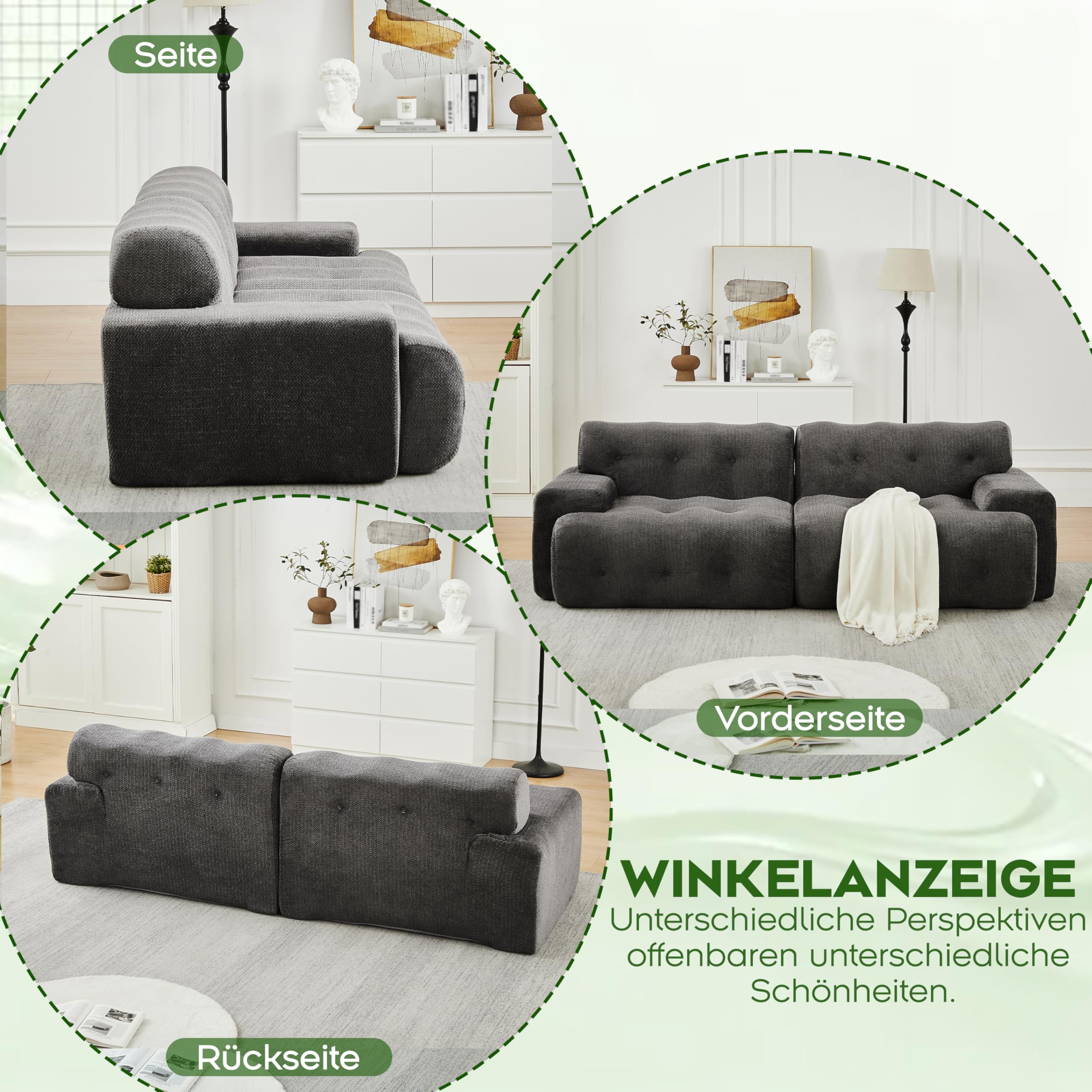Cloud Sofa 2-osobowa, bardzo duża – modułowa sofa boneless z ornamentem na guziki, szerokie podłokietniki, szenilowe, łukowate, bez montażu, do salonu, szara