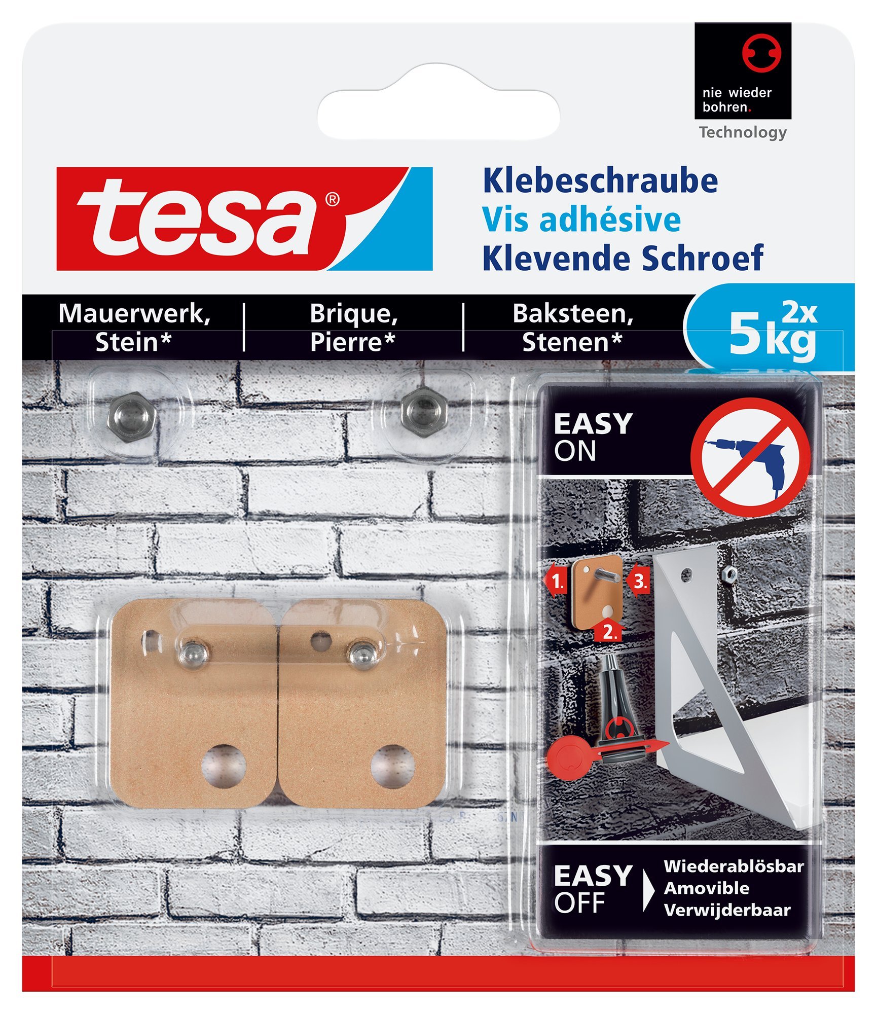 Tesa Adhesive Screw for Masonry and Stone, Holding Capacity 5 kg, Pack of 2, 77905-00000-00
