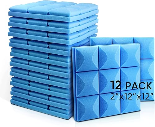 Fstop Labs Paneles de espuma acústica, paquete de 12 azulejos azules de cuña de estudio de hongos de 2 x 12 x 12 pulgadas, paneles de sonido,