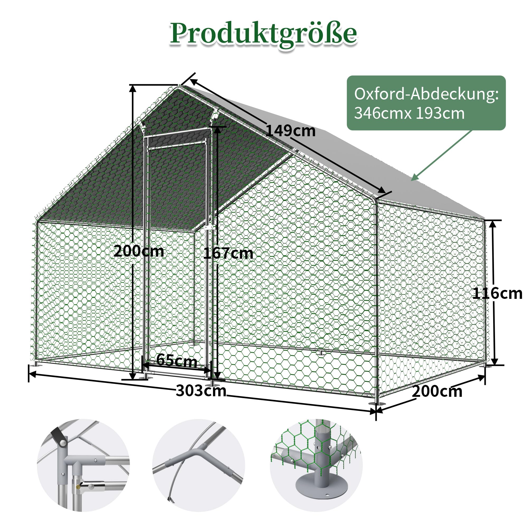 Freilaufgehege Hühnerstall 3 x 2 x 2 m, Silber