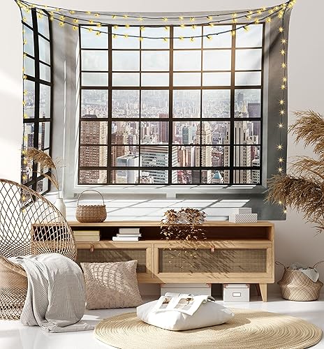 Miniatura 8 de Ambesonne Tapiz moderno, vista urbana a la ciudad de apartamentos desde ventanas de forma cuadrada, para colgar en la pared ancha para dormitorio,