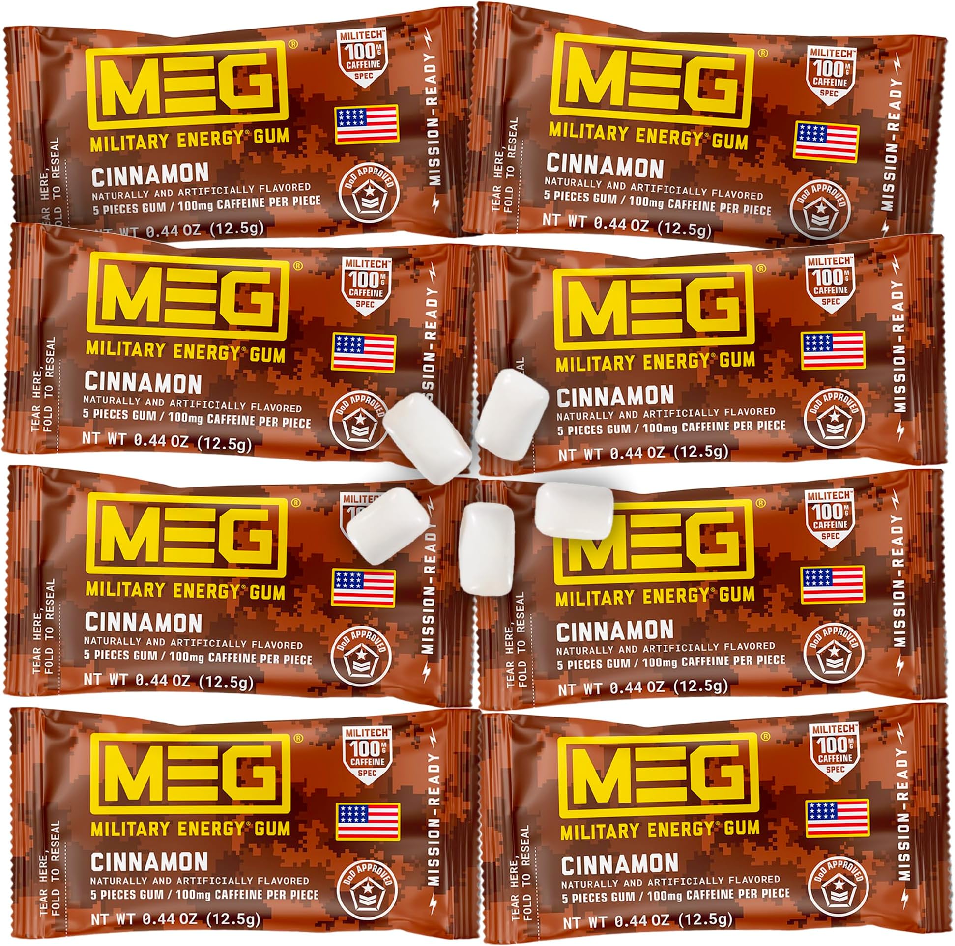 Military Energy Gum | 100mg of Caffeine Per Piece + Increase Energy + Boost Physical Performance + Cinnamon 8 Pack (40 Count)
