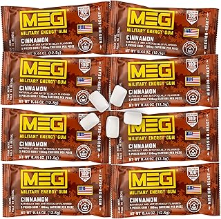 MEG - Military Energy Gum | 100mg of Caffeine Per Piece + Increase Energy + Boost Physical Performance + Cinnamon 8 Pack (40 Count)
