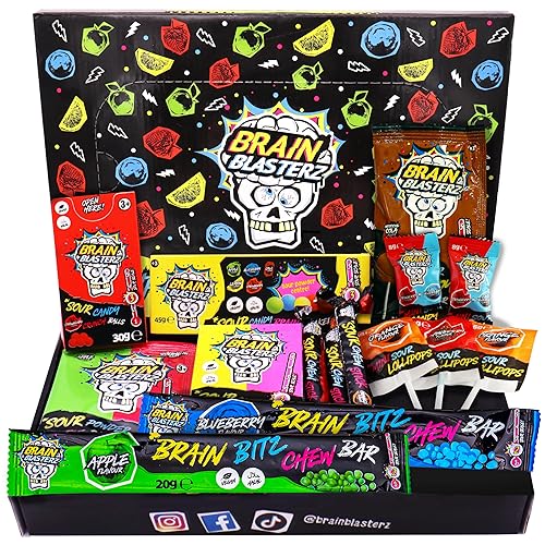 Brain Blasterz TREAT Sour Candy Variety Pack, Vegan Candy, Sour Chew Bar, Halal Candy, Sour Candy Gift Box w/ 15 pcs (13oz), Unique Candy Variety Pack, Lollipop, Sour Powder, Taffy, Halloween Candy