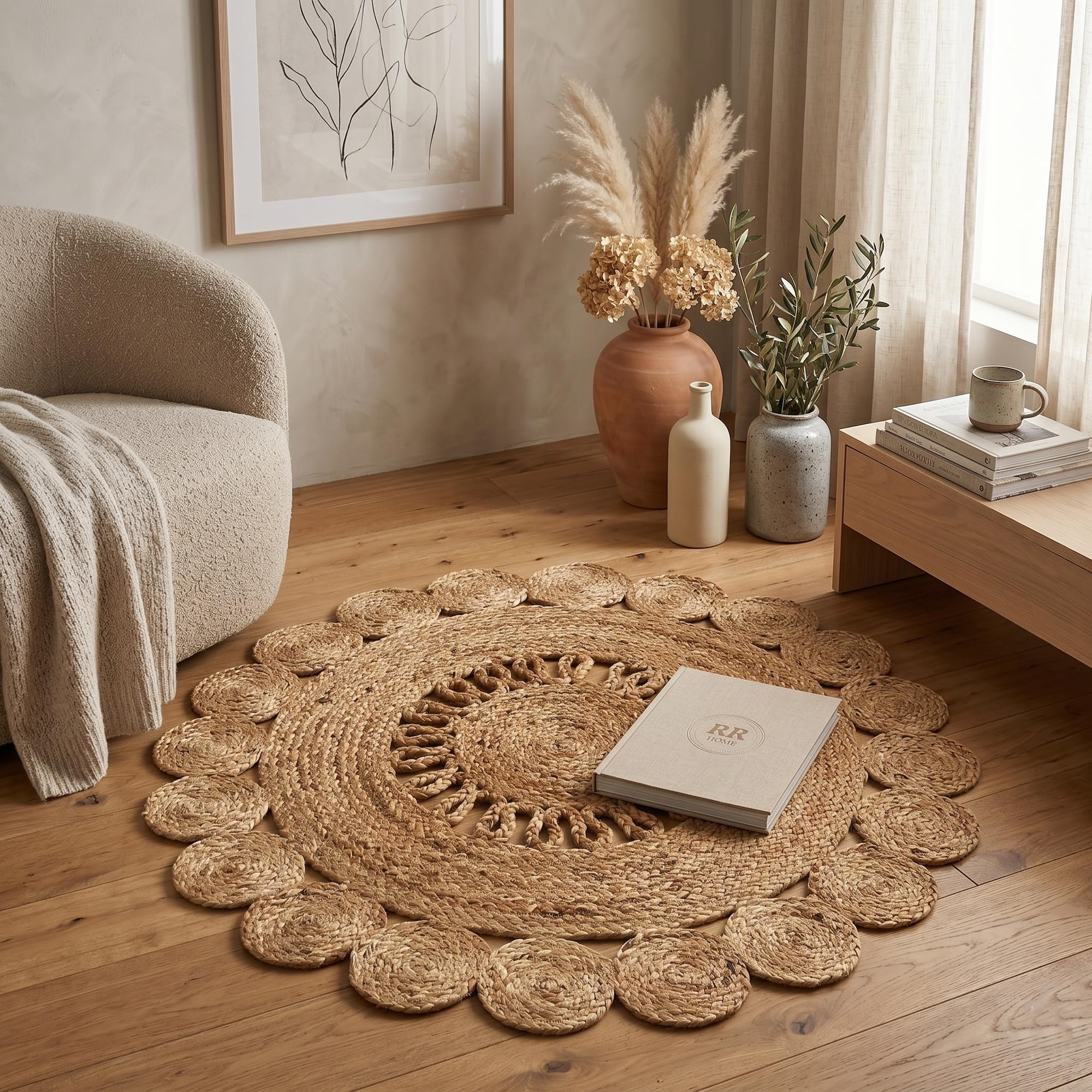 Jute Hera Round Rug, 100% Natural Jute, Artistic, Hand Woven Circular Round Rugs for Kitchen, Living Room, Bedroom, Bathroom, Farmhouse - 90cm Round, 90cm x 90cm