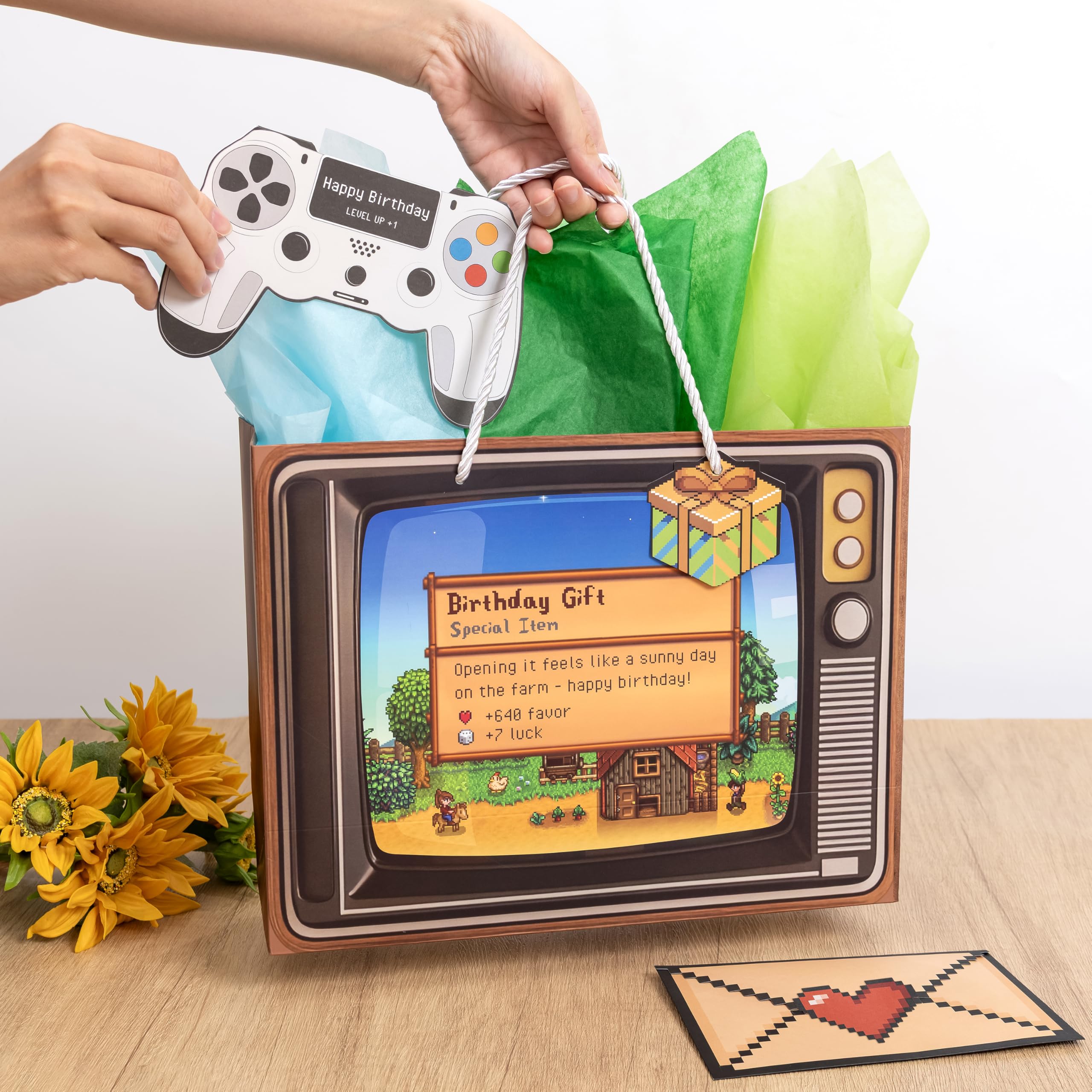 Crisky Gamer Birthday Gift Bag Set – Pixel Art Design with Greeting Card, Tissue Paper & Stickers | for Boys, Men, Video Game Party Favors & Decorations, 13 inch