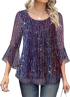 Bebonnie Women's Ruffle 3/4 Sleeve Elegant Dressy Blouses Crew Neck Double Layers Mesh Tunic