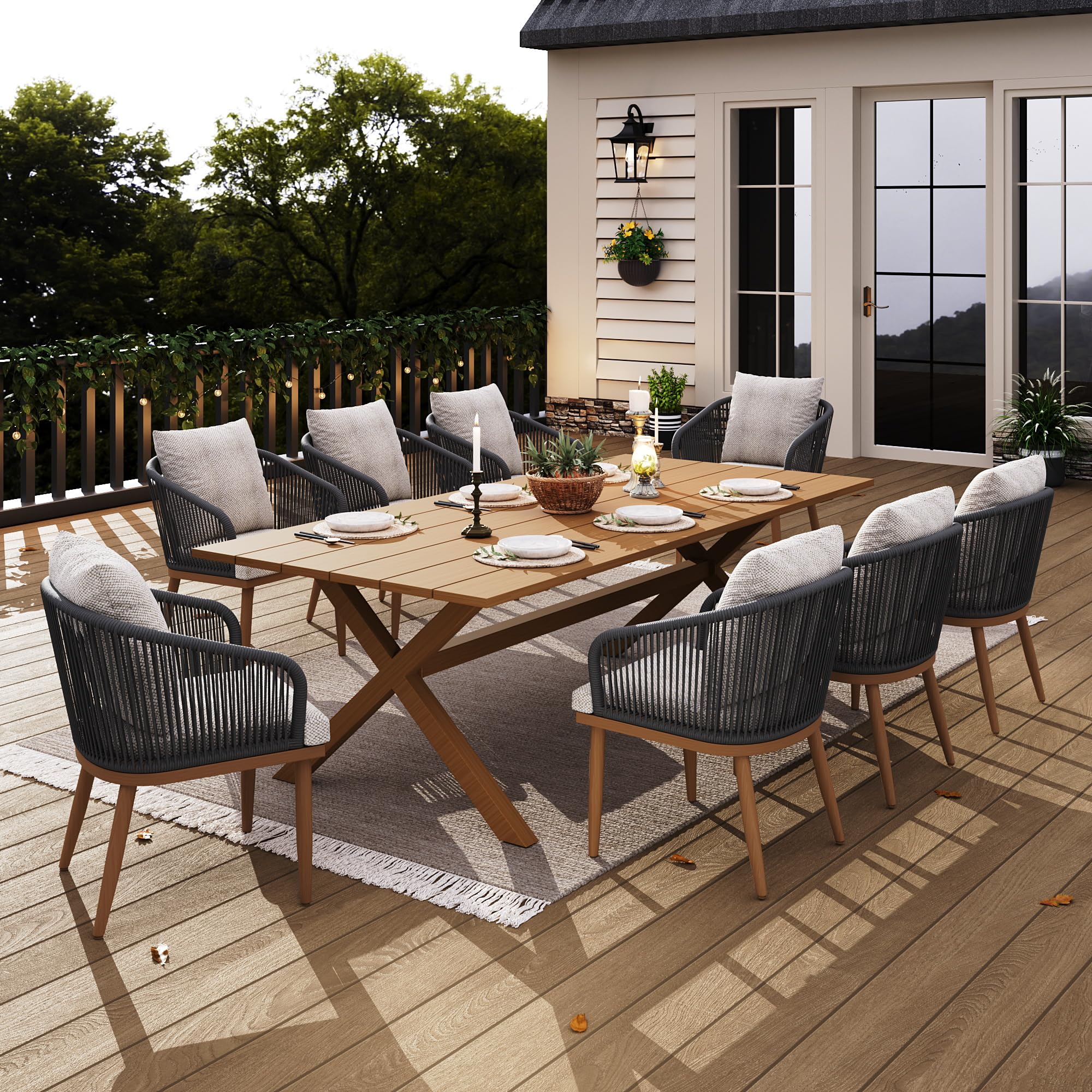 Aeeiua Outdoor Dining Table Set, 9 Piece Patio Rectangular Slat Table and Woven Rattan Chairs Dining Furniture Set for Outside Deck