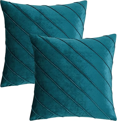 Vista 4 de GIGIZAZA Juego de 2 fundas decorativas de terciopelo de 18 x 18 pulgadas, fundas de almohada cuadradas de color verde azulado para sofá, fundas