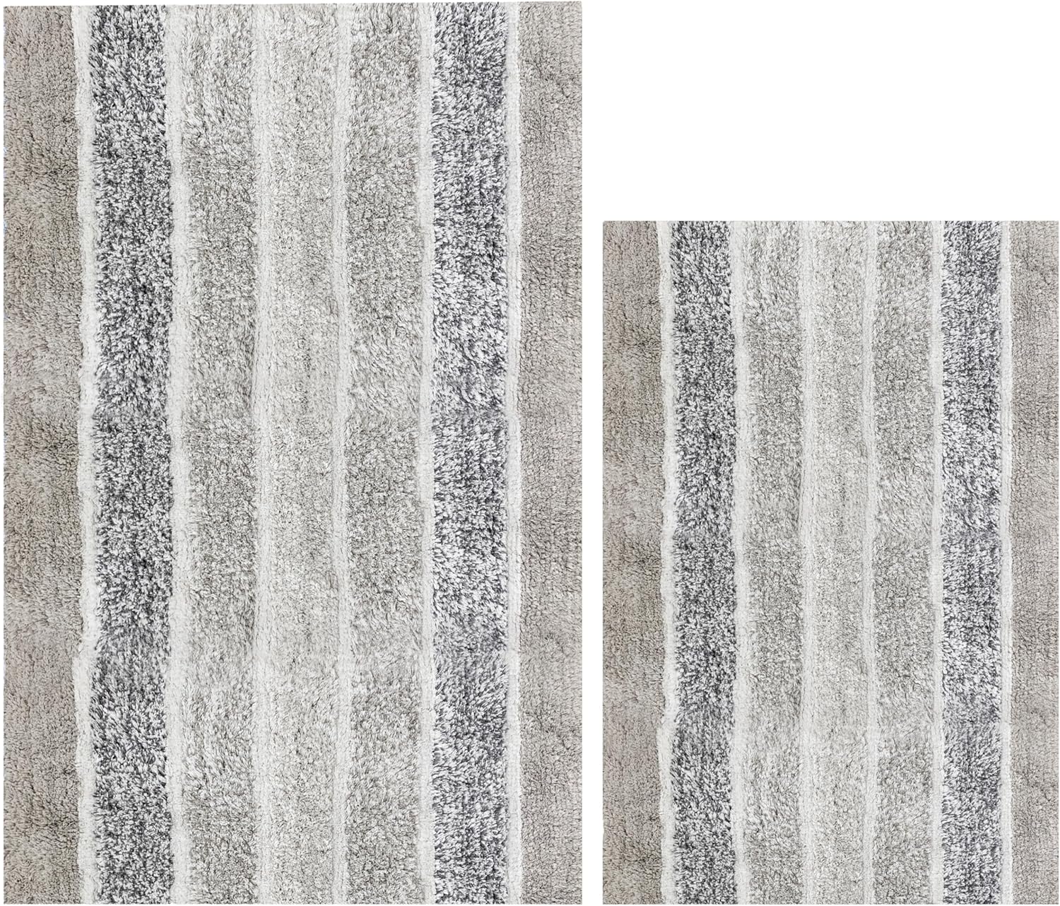 Ramanta Home Alpine Stripe 100% Cotton Bath Rug Set of 2 - Light Grey, Non Slip Soft Absorbent Bath Rug Set for Bathroom, Kitchen, Machine Washable Floor Mats - 21x32 & 17x24 Inch
