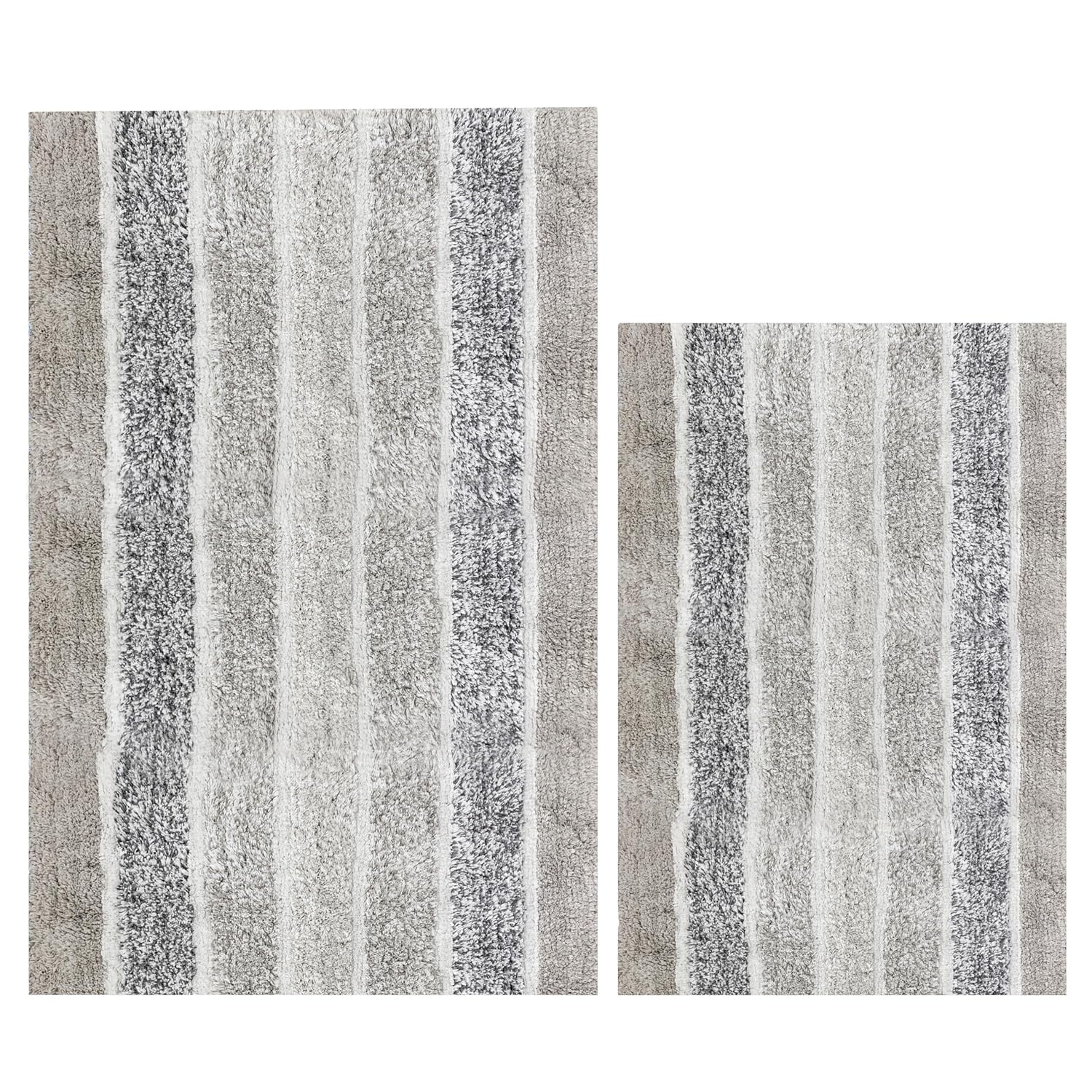 Ramanta Home Alpine Stripe 100 Cotton Bath Rug Set of 2 - Light Grey Non Slip Soft Absorbent