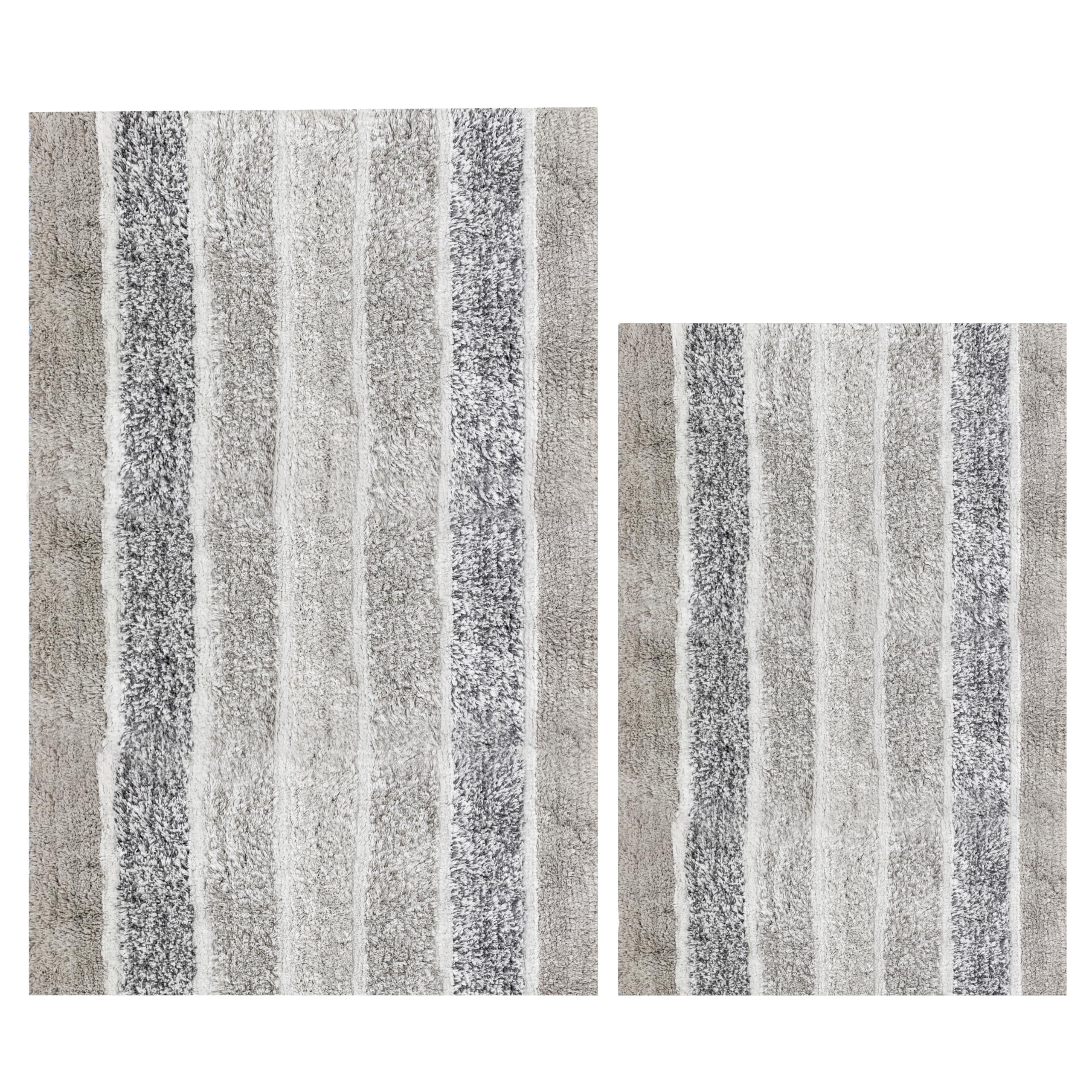 Ramanta Home Alpine Stripe 100% Cotton Bath Rug Set of 2 - Light Grey, Non Slip Soft Absorbent Bath Rug Set for Bathroom, Kitchen, Machine Washable Floor Mats - 21x32 & 17x24 Inch