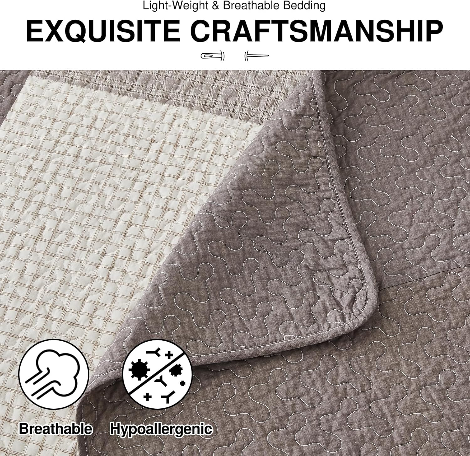 DDUOXIN 100% Cotton Queen Bedspread 102" W x120 L - Lightweight Oversized Quilt with 2 Pillow Shams, Farmhouse Plaid Reversible Bedspreads, Brown/Beige - Image 5