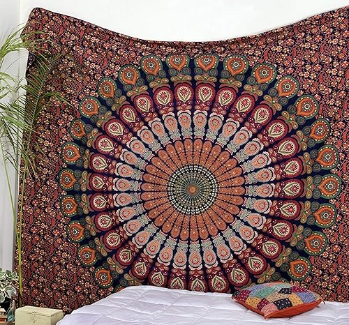 Popular Handicrafts Tapiz para colgar en la pared, diseño hippie mandala bohemio, hippy psicodélico, tapices indios, meditación de pavo real, colcha