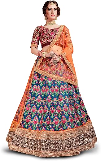Zeel Clothing Women's Silk Semi stitched Lehenga Choli (7031-Blue-Wedding-Bridal-Heavy-Lehenga_Blue_Free Size)