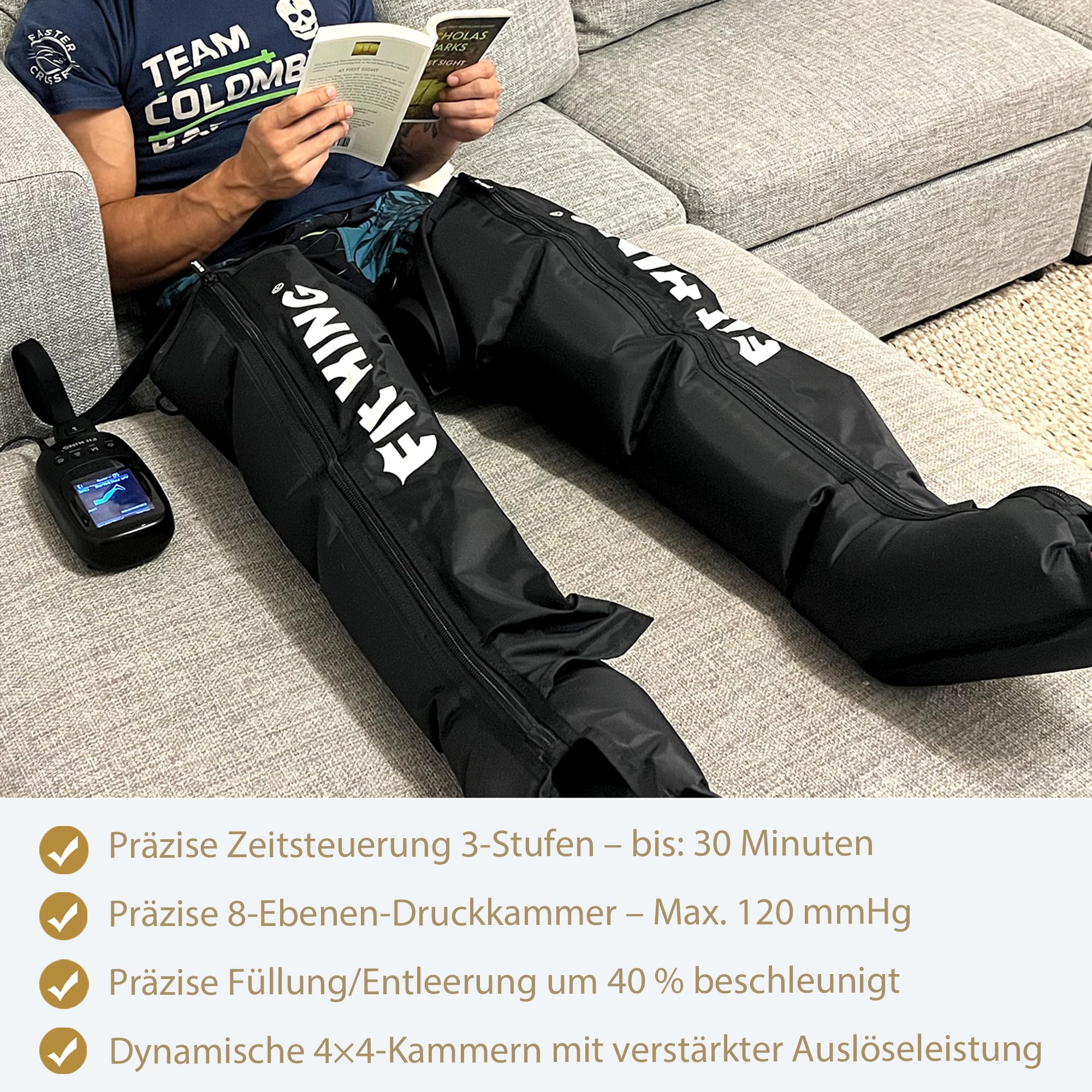 FIT KING Beinmassagegerät mit Luftkompression für Fuß Waden und Oberschenkel Massagegerät für Beine 4 Massagezonen, 3 Modus & 8 Intensitätsstufen ideal zur Muskelentspannung nach dem Sport (Mittel)