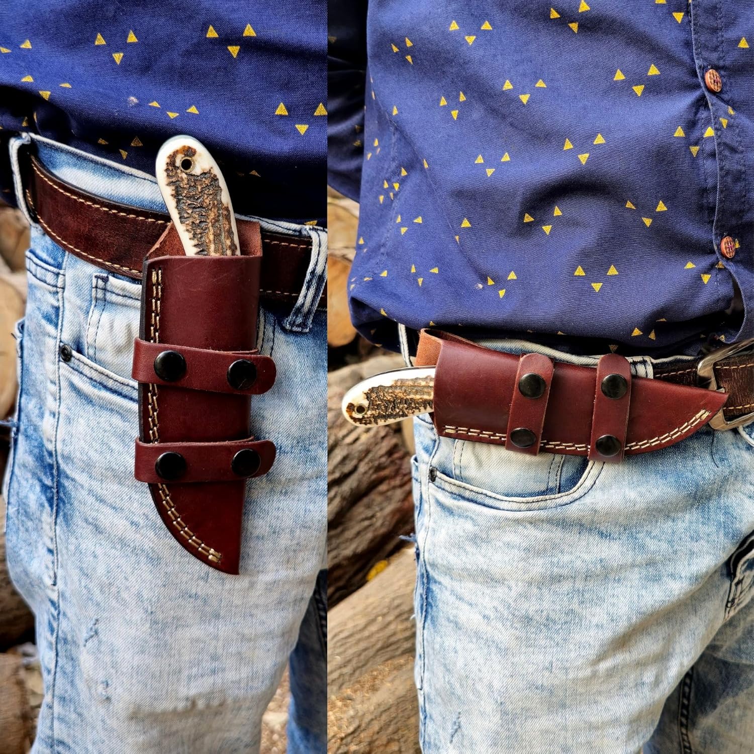 Full Tang Damascus Hunting Knife Horizontal Carry Handmade Damascus Fixed Blade Knife with Leather Sheath Stag Horn Handle - Image 8