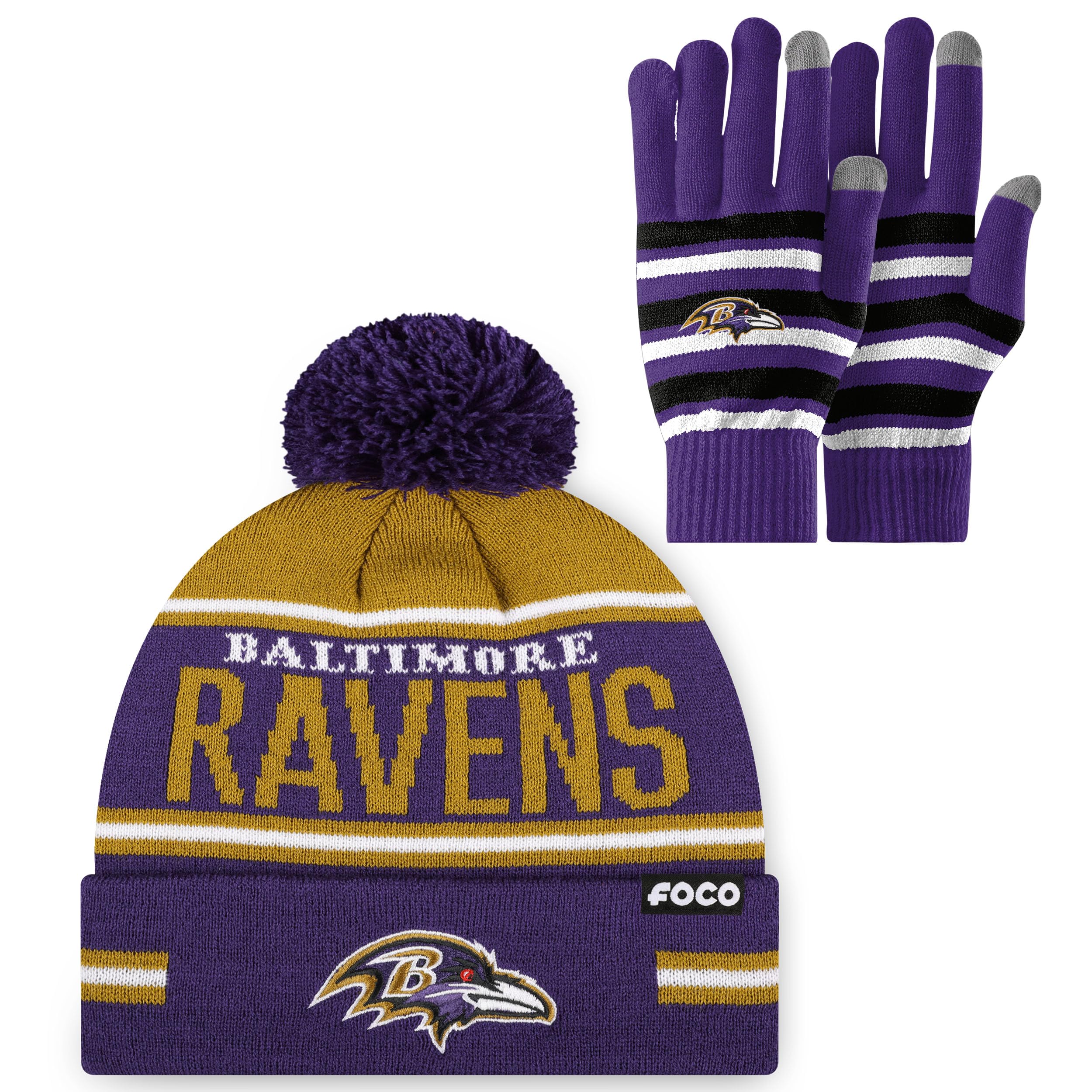 FOCO NFL unisex-adult Nfl Team Logo Adult Stretch Gloves With Big Wordmark Strip Pom Knit Hat Beanie Set