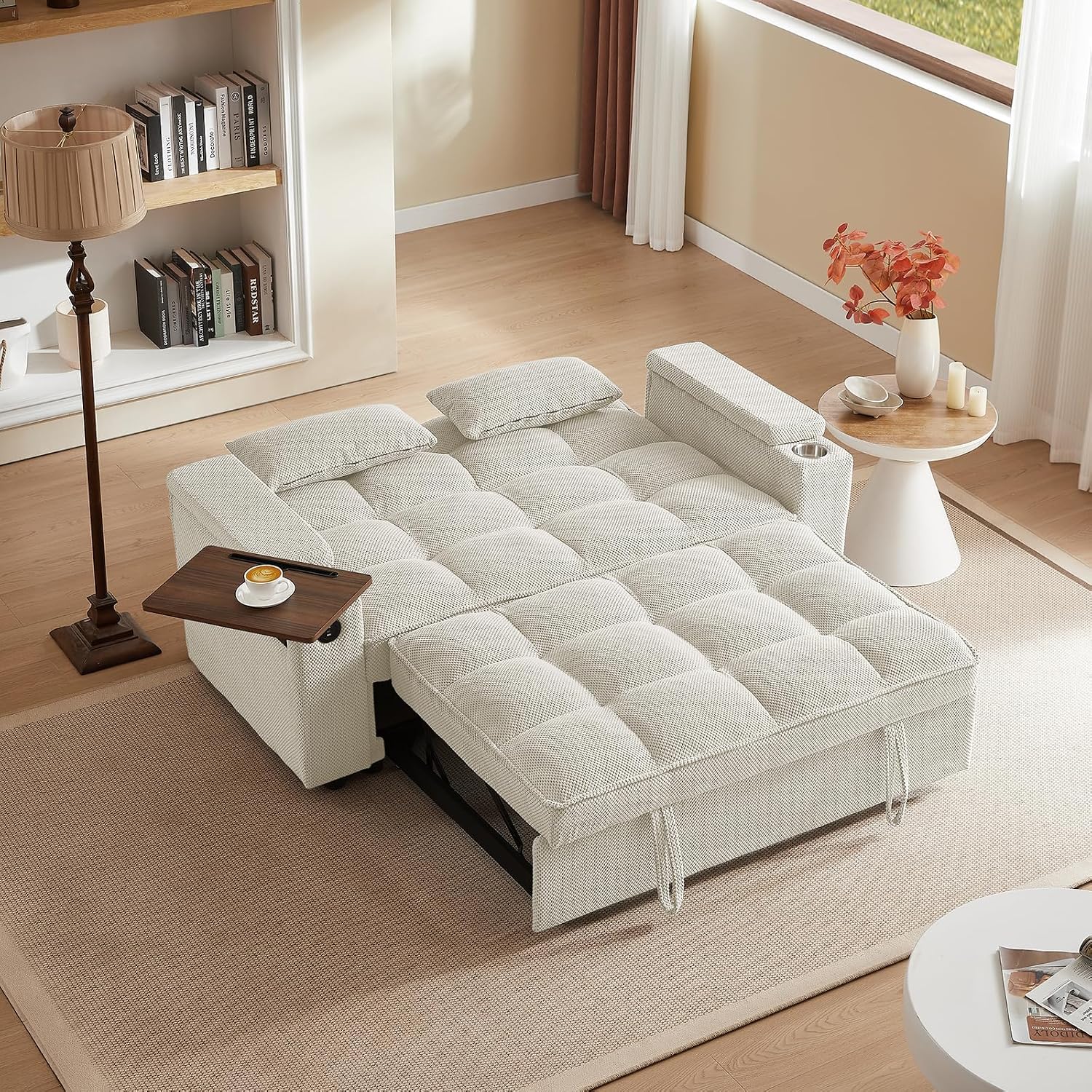 65 Sleeper Sofa Bed Adjustable Backrest Chaise Lounge USB/Type-C Ports Modern Beige