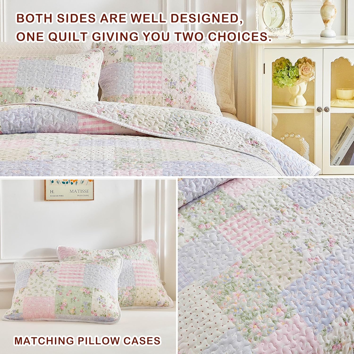 Joyreap 3 Pieces Queen Size Floral Cotton Quilt Set for Girls, Colorful Flowers Grids Patchwork Design, Cozy Lightweight Cotton Quilt Bedspread Bed Cover for All Season- 90x90 inches