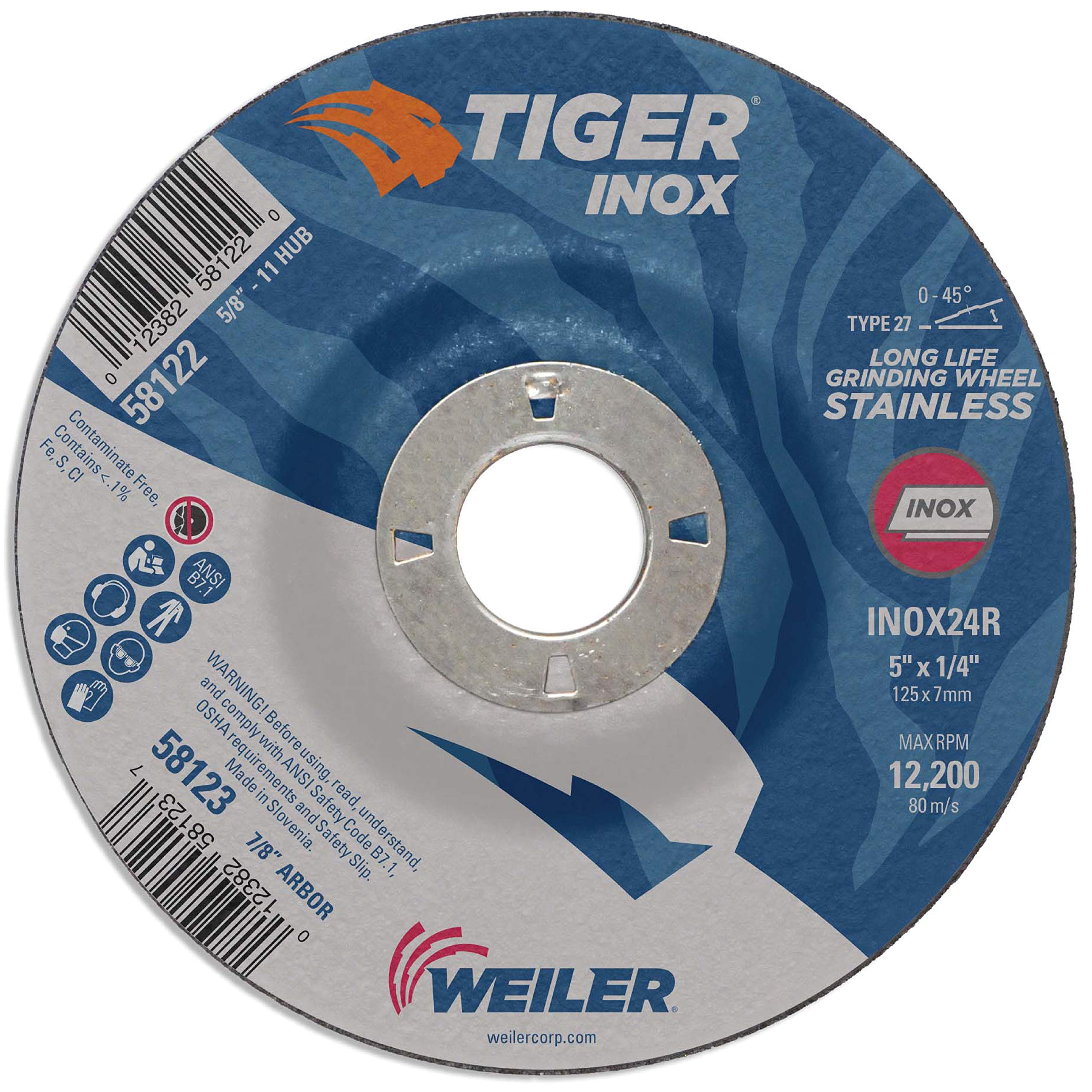 Weiler Tiger 58123 Lot de 10 meules de meulage 12,7 x 0,6 cm Inox Type 27 INOX24R 7/8" A.H.