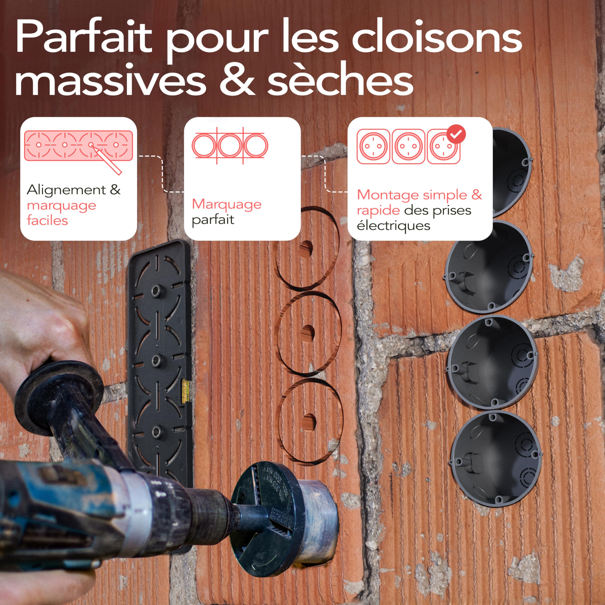 LAINFELD Gabarit de perçage pour prises | Incl. niveau à bulle | Niveau à bulle pour électriciens pour prise encastrée, boîtier encastré, boîtier à encastrer, boîtier à châssis de base