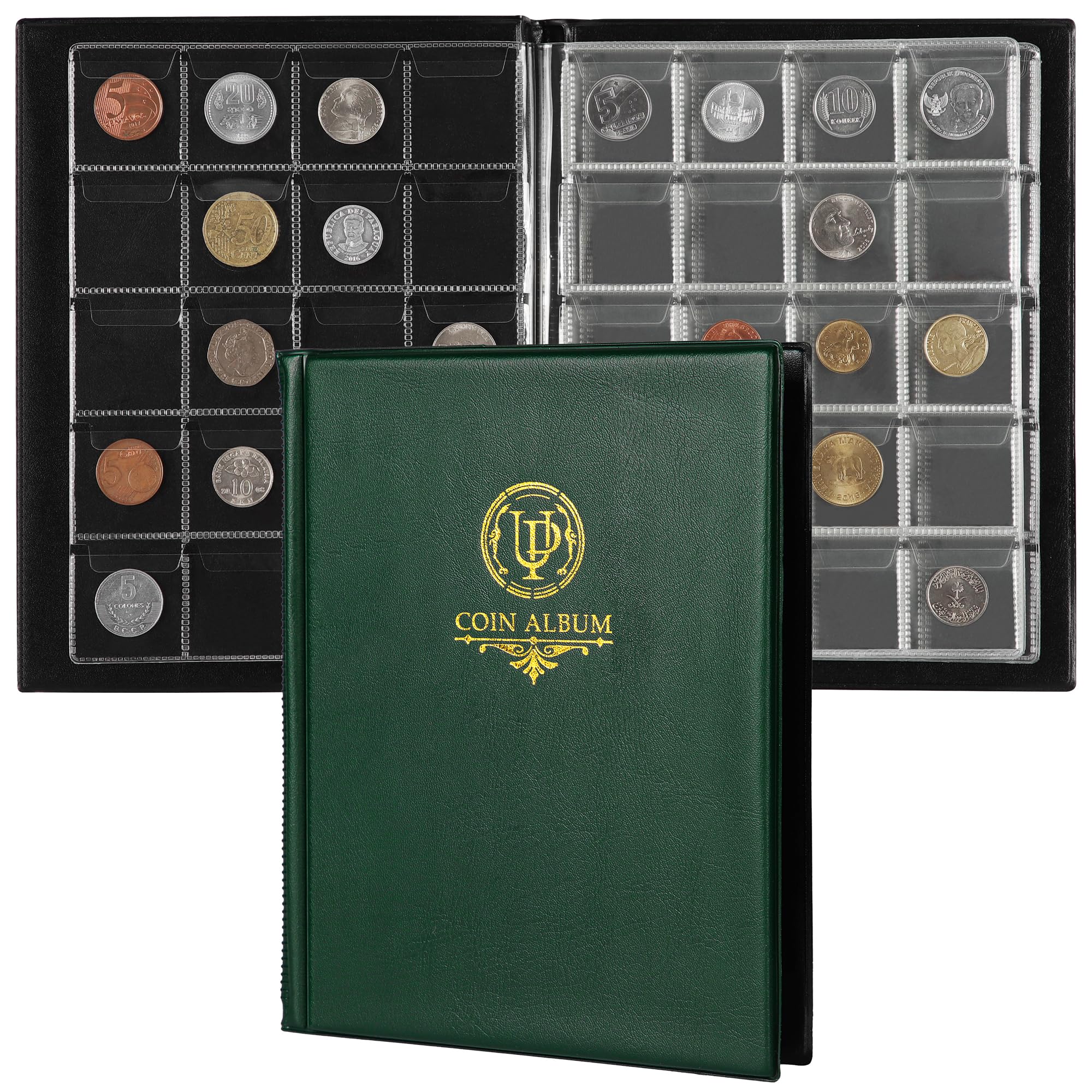 200 Pockets Coin Album - Coin Collecting Book with 10 Pages, 33x33 mm Grid Holder for Pounds Pence Cents Dollars Nickel (Green) CS48200GR