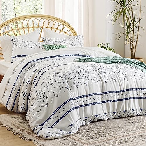 Bedsure Boho Comforter Set Queen - 7 Pieces Bedding Sets Queen, White Stripes Bed in a Bag with Comforters Queen Size, Sheets, Pillowcases & Shams