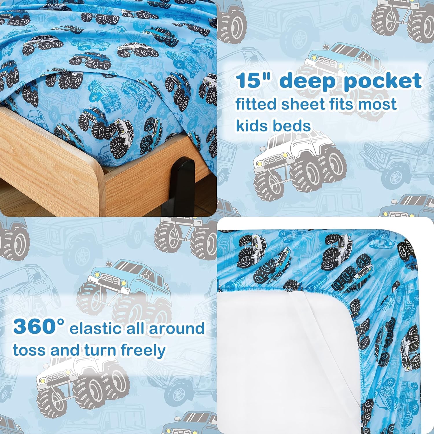 Softan Kids Full Size Bed Sheets, 4-Piece, Deep Pocket, Trucks Pattern | Microfiber Sheets Set, Boys Blue Sheet and Pillowcase Sets, Breathable & Soft, 15" Deep Pocket and Corner Straps