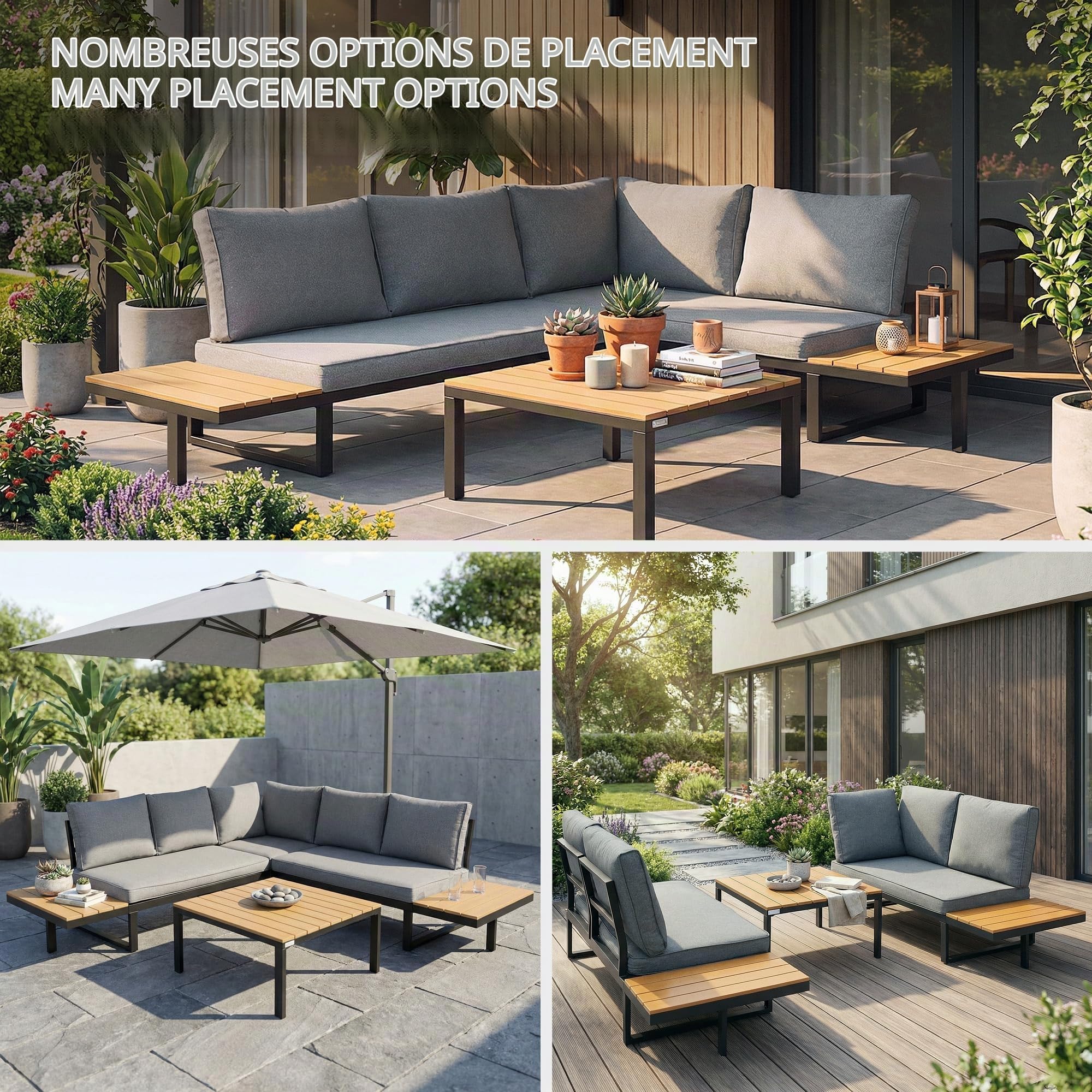 ML-Design Lot de 3 Meubles pour Jardin, en Gris Structure Aspect Bois, Composé d’un Canapé d’Angle Modulable, Table Basse et Coussins, Groupe de Sièges Terrasse Balcon Lounge Résistant aux Intempéries
