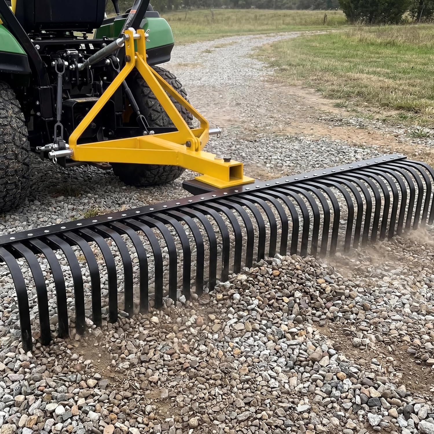6 ft 3 Point Landscape Rake, 72 Inch Tractor Rock Rake with 37 Steel Tines & 360 Degree Rotation, Heavy Duty Tow Behind Garden Tool for Category 1 & Cat 2 Tractors, Yellow