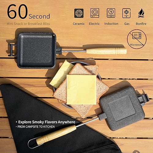Miniatura 2 de MiniSnack - Prensa para hacer pasteles de hierro fundido para acampar y estufa, mini sartén doble para carne y más con bolsa de almacenamiento y