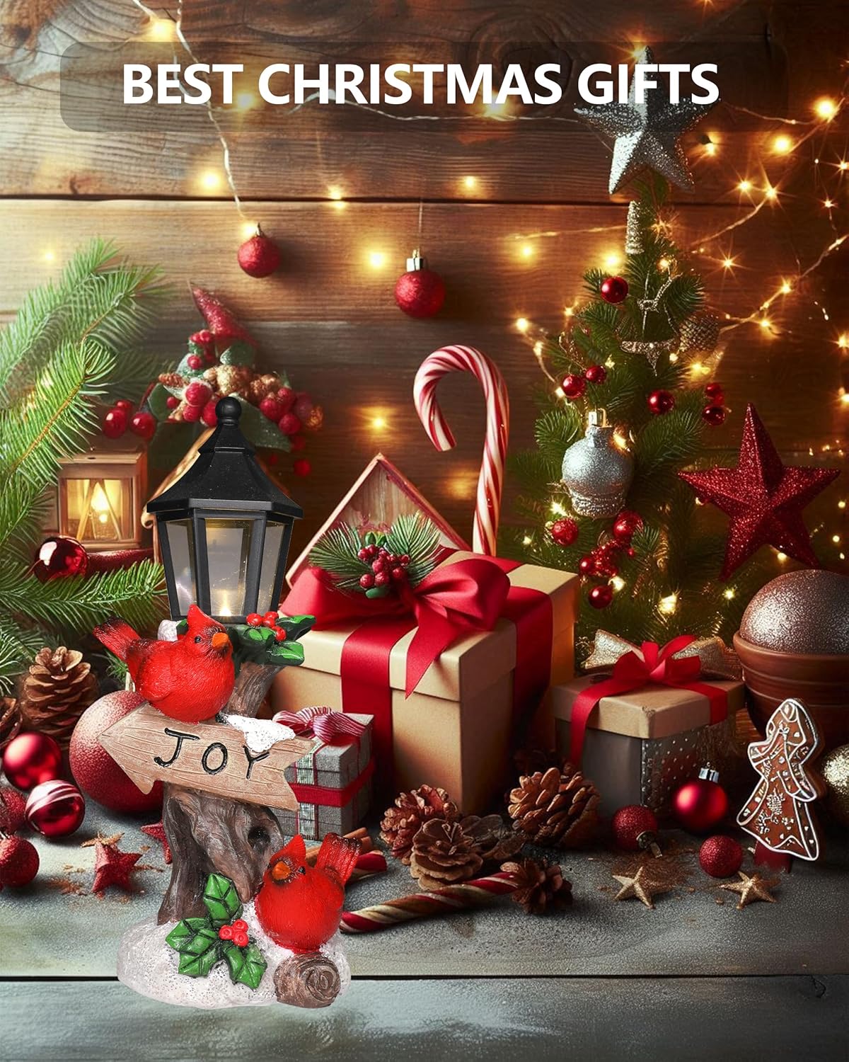GoGnome Resin Christmas Cardinal Figurine with LED Lamppost - 9.6'' Festive Red Birds and Joy Sign - Perfect for Indoor Christmas Tabletop Decorations (Cardinal)