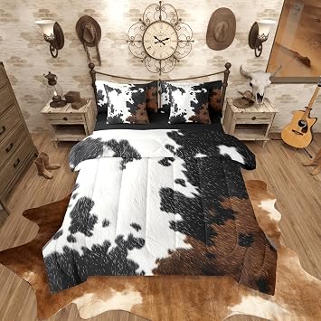 jejeloiu Cow Fur Print Comforter Set with Sheets 7 Piece King Size Cowhide Bedding Set for Kids Boys Girls Farmhouse Bed in a Bag Western Farm Animal Skin Room Decor Soft Lightweight Microfiber