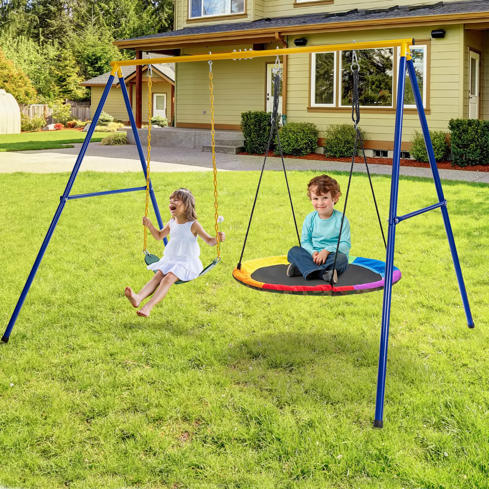 COSTWAY Doppelschaukel mit Gestell, Outdoor Schaukel für Kinder, Schaukelgestell mit Kinderschaukel und Nestschaukel, Schaukelgerüst bis 300 kg belastbar (2 Schaukel mit Gestell)