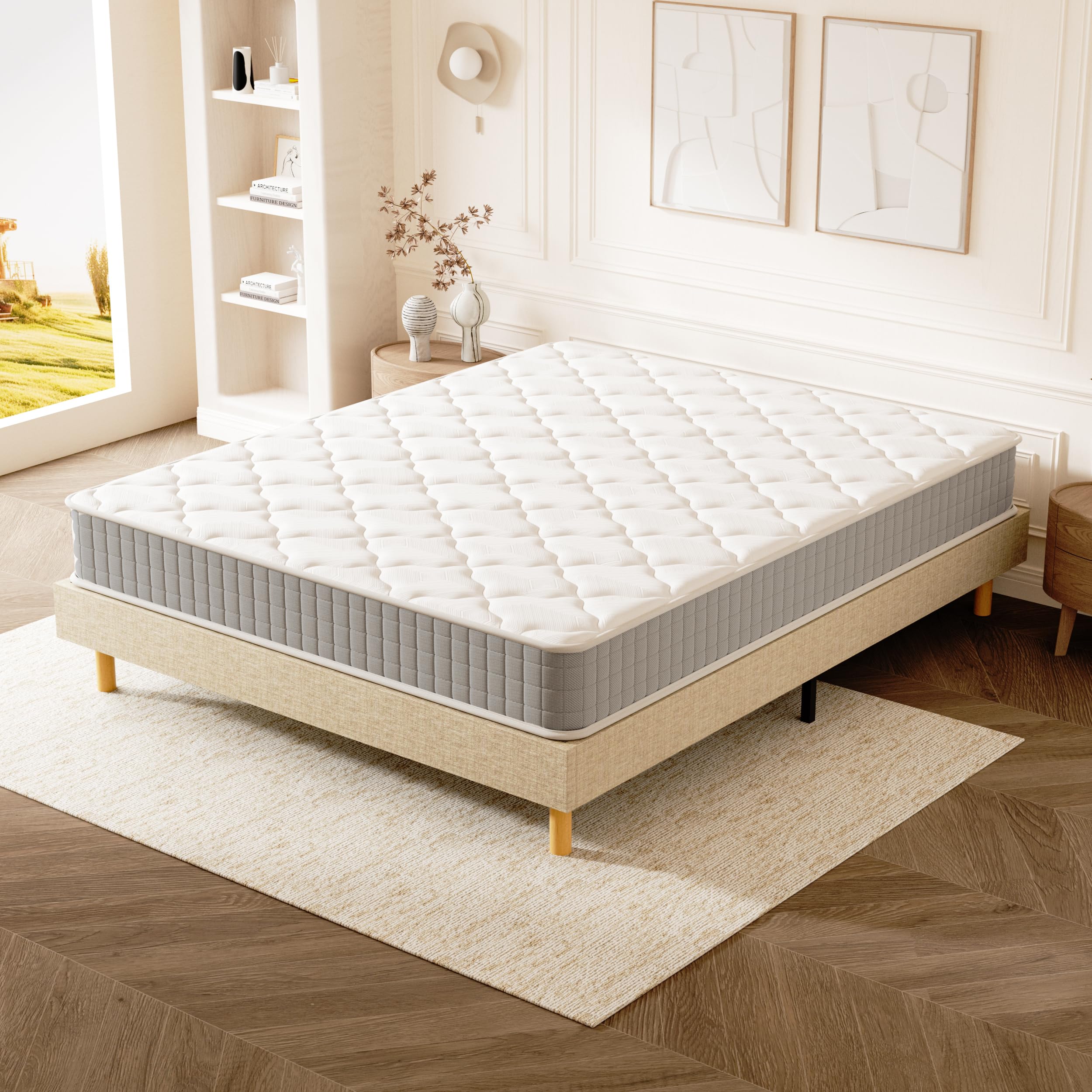 DEWINNER Ensemble Lit 120x190 avec Sommier et Matelas, Cadre de Lit Une Place et Demi, Métal et Tissus avec Pieds, Matelas Memoire de Forme Épaisseur 22 cm, Scandinave, Silencieux, Robuste, Beige